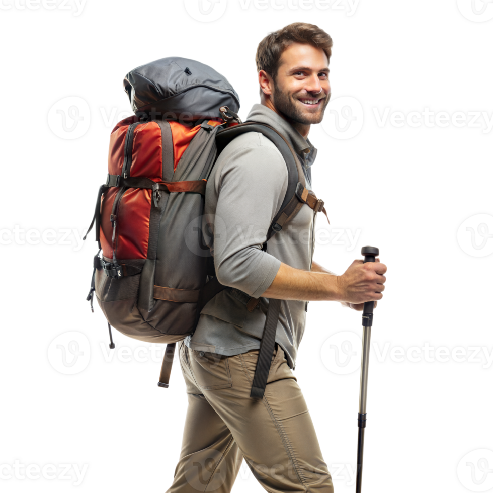 un hombre es sonriente y vistiendo un mochila mientras participación un caminando palo png