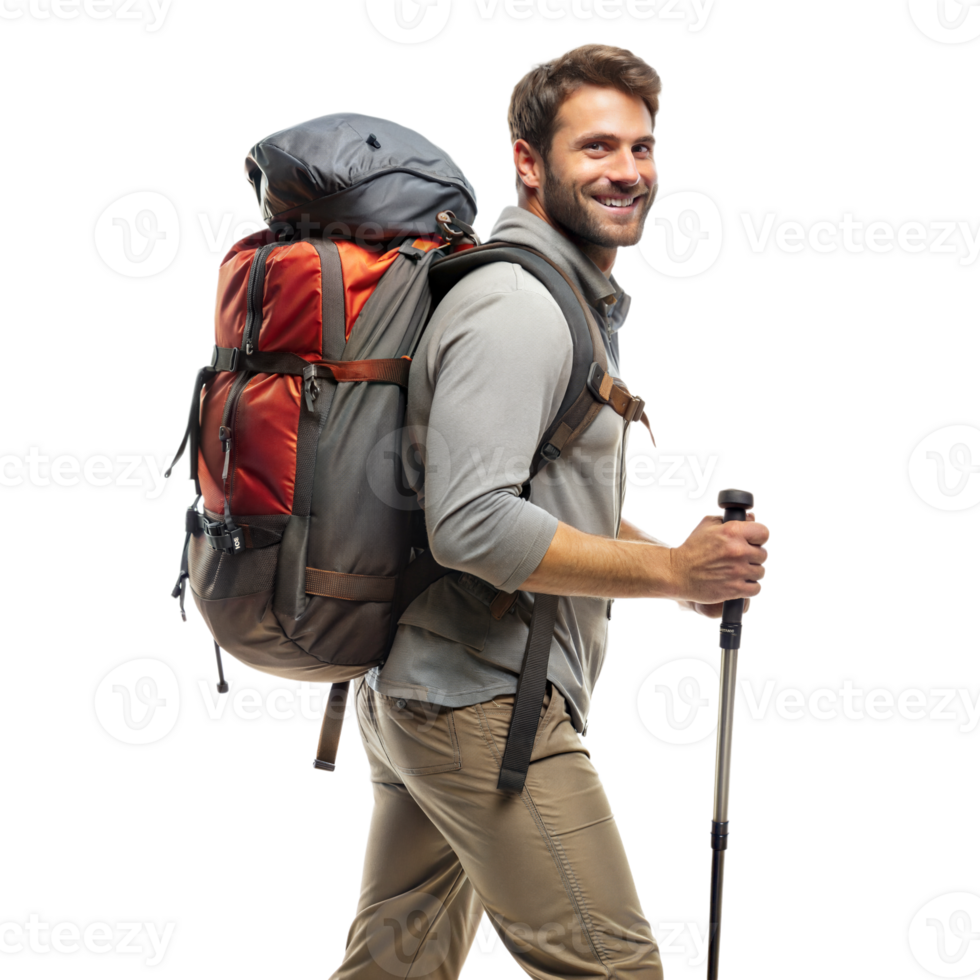 A man is smiling and wearing a backpack while holding a walking stick png