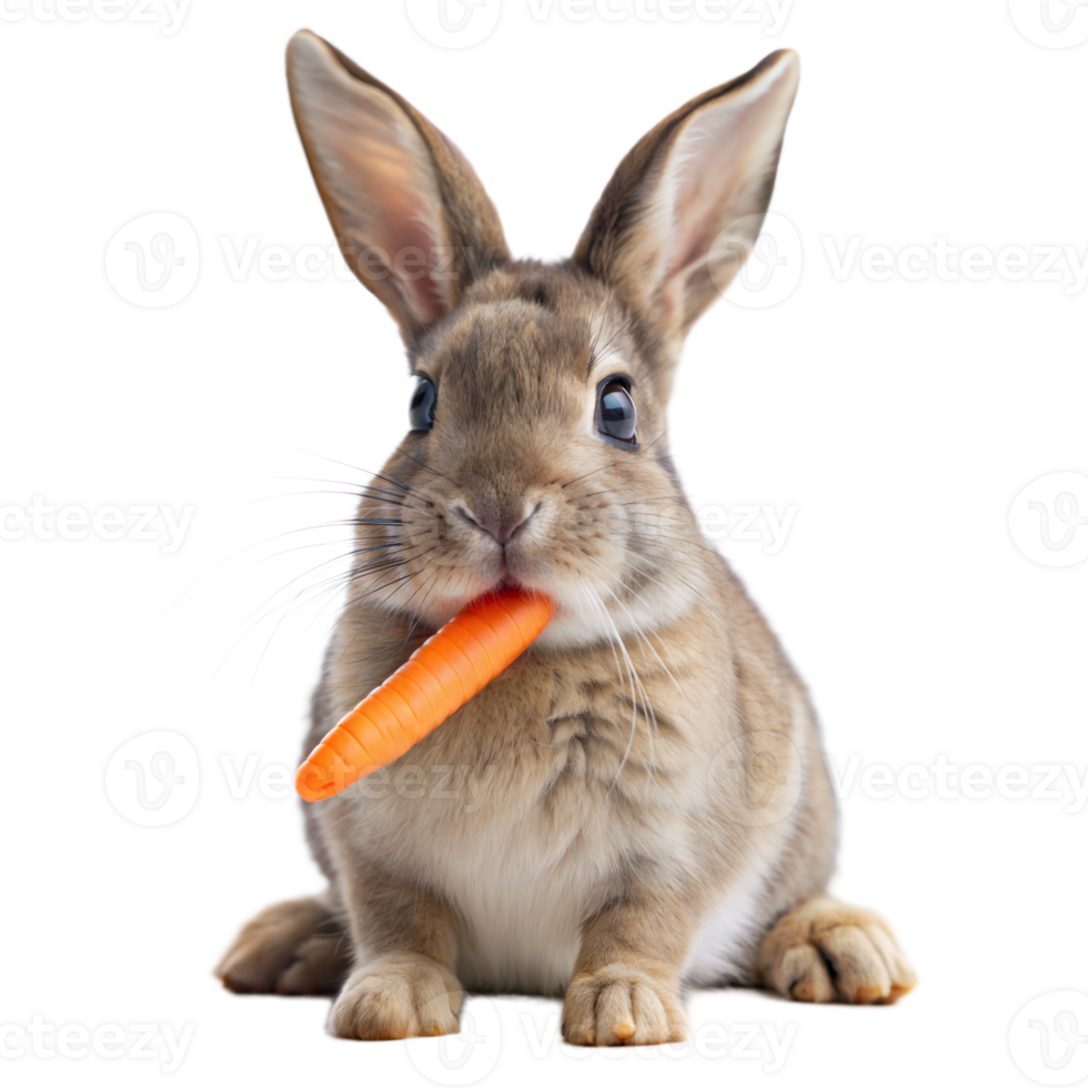 A rabbit is sitting on a transparent background and holding a carrot in its mouth png