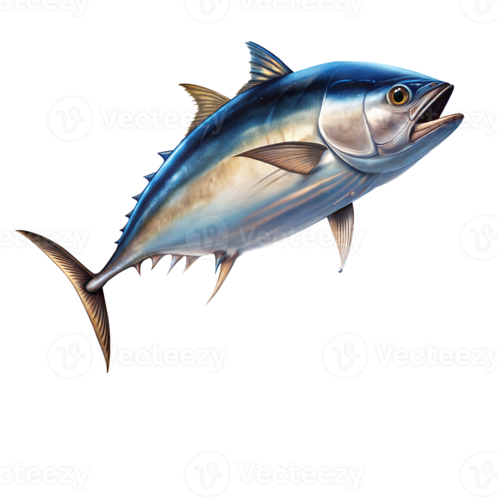 Lifelike digital illustration of a Bluefin Tuna swimming in ocean waters under daylight png
