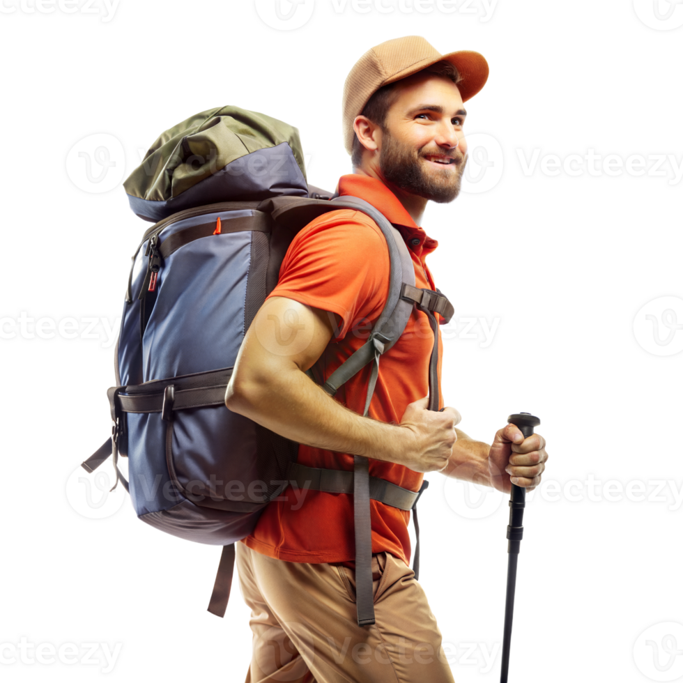 A man wearing an orange shirt and a backpack is smiling png
