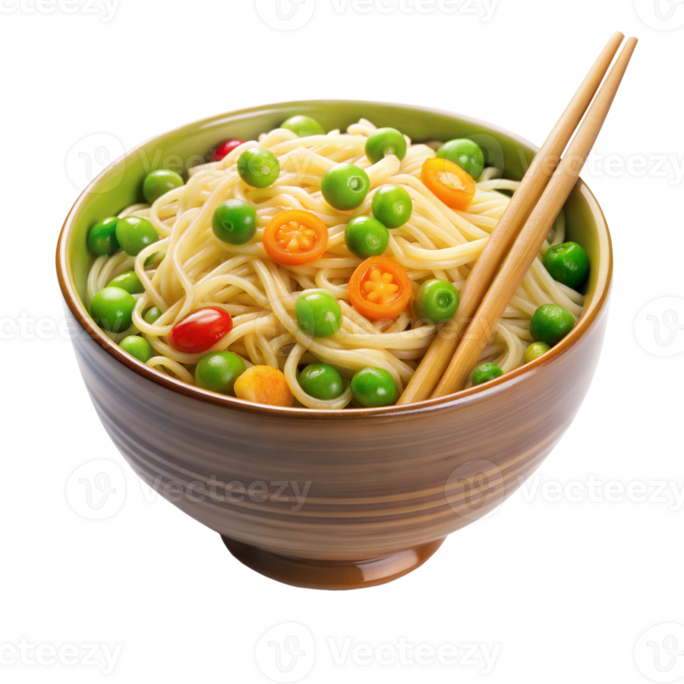 A bowl of noodles with peas and carrots png