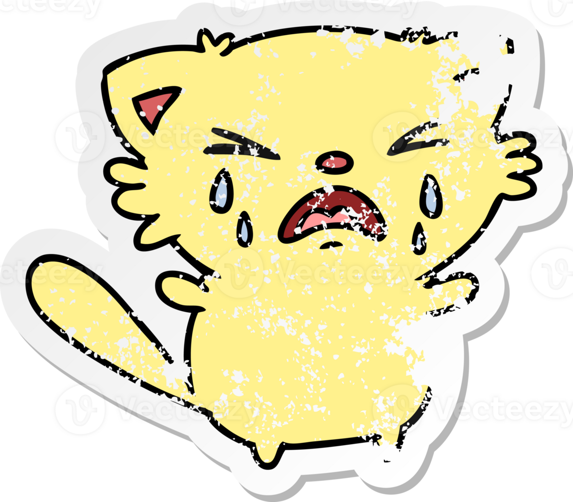hand drawn distressed sticker cartoon of cute kawaii crying cat png