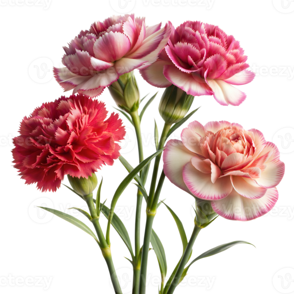 A close-up of four red and pink carnations, with stems and buds visible, captured indoors during the day png
