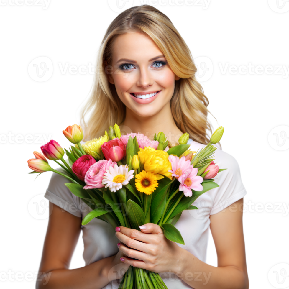 A woman is holding a bouquet of flowers and smiling png