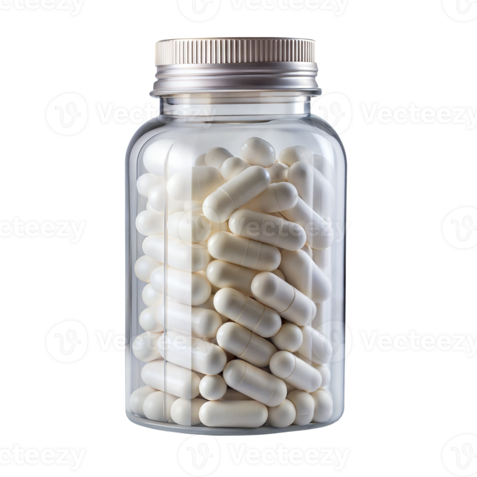 A jar of white pills sits on a transparent background png