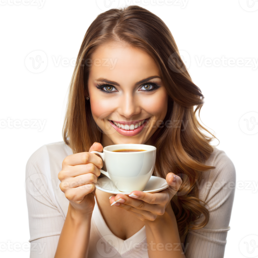 A woman is holding a white coffee cup with a smile on her face png