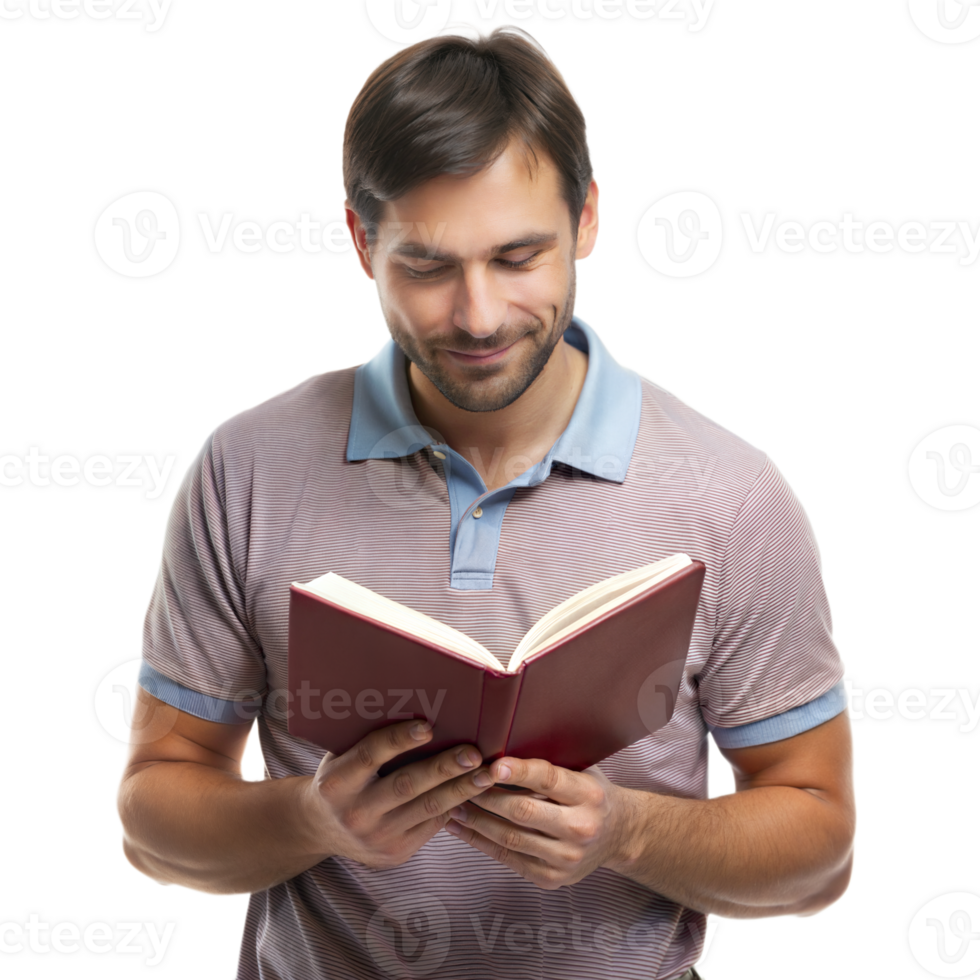 A man is reading a book with a smile on his face png