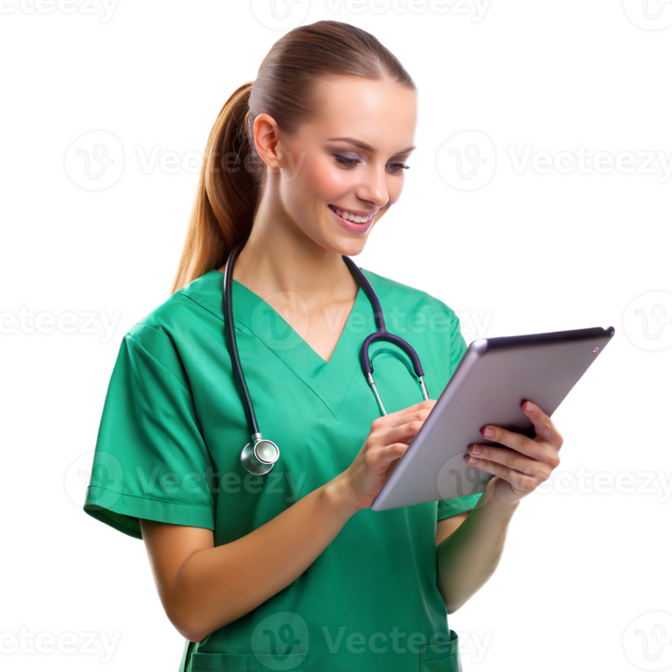A woman in a green scrubs is smiling and using a tablet png