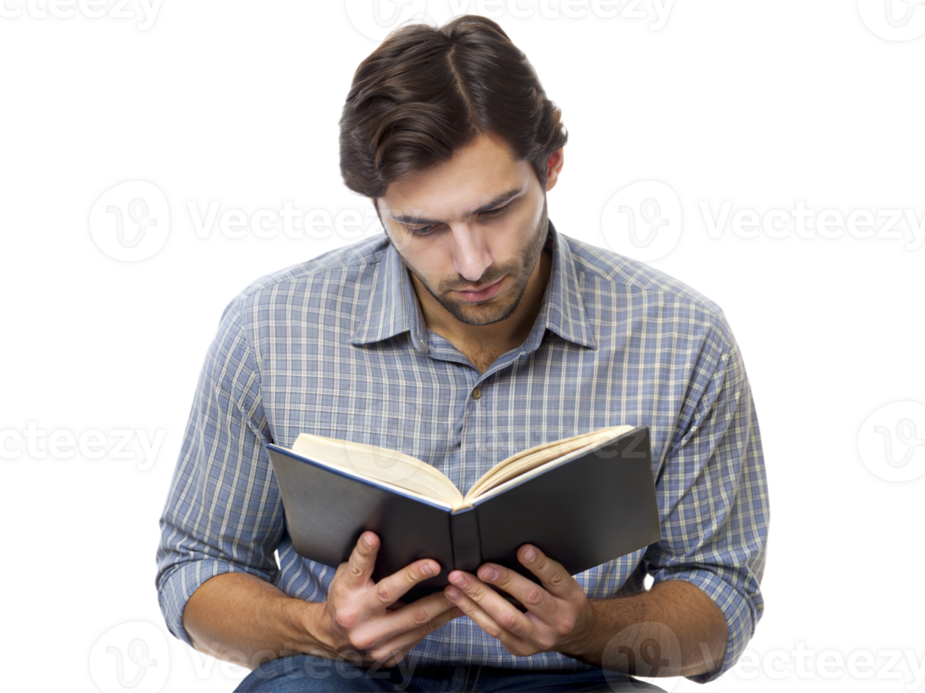 A man is reading a book while sitting on a chair png