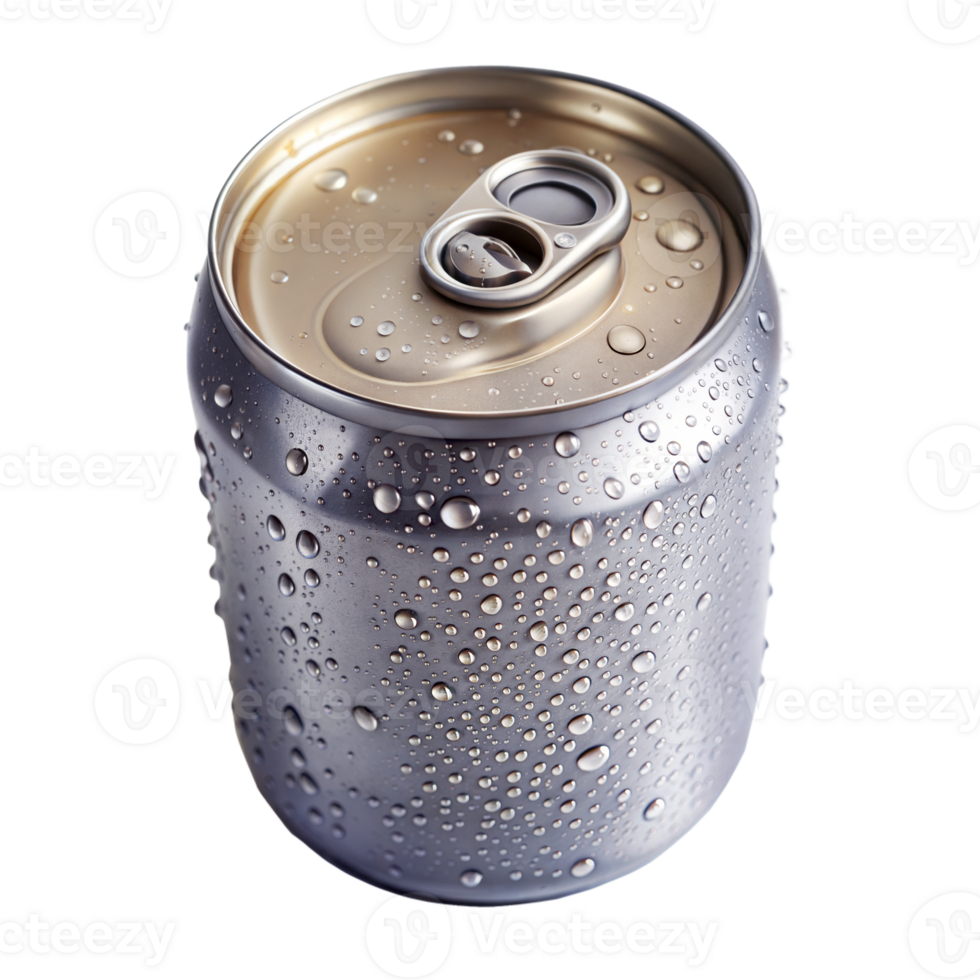 A cold, condensation-covered aluminum soda can photographed in a studio setting, emphasizing its refreshing appearance png
