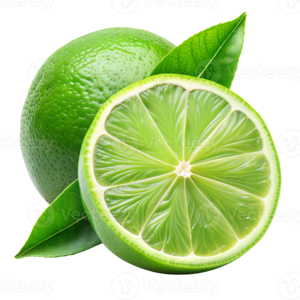 A lime is cut in half and has a leaf on top png