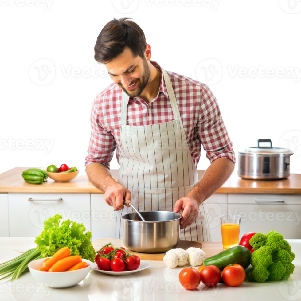A man is cooking in a kitchen with a variety of vegetables and fruits png