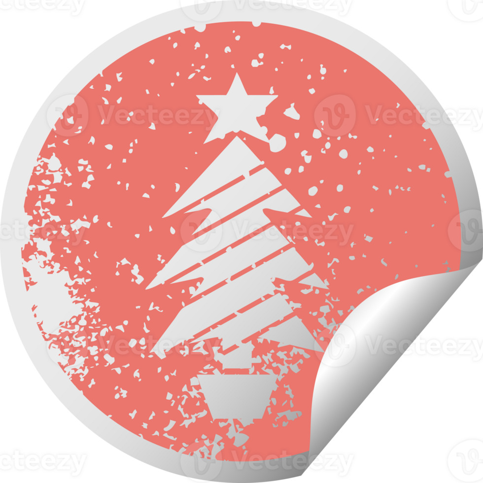 distressed circular peeling sticker symbol of a christmas tree png