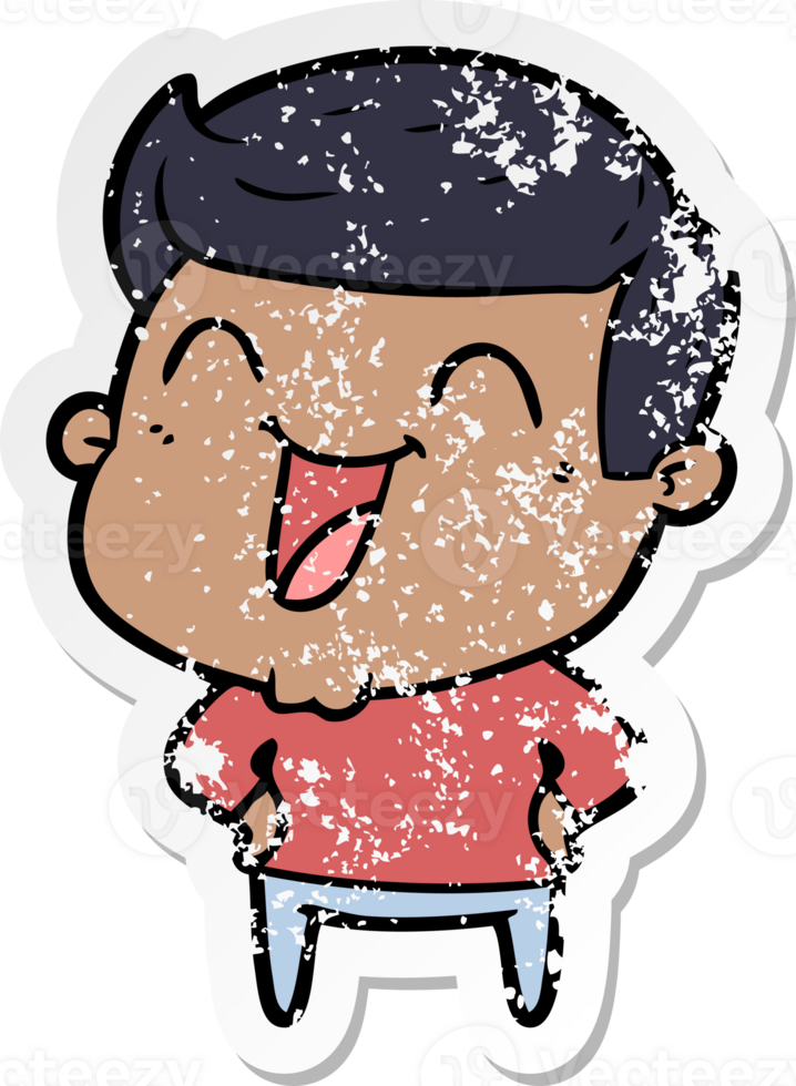 distressed sticker of a cartoon man laughing png