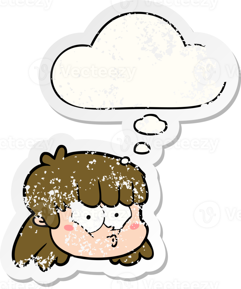cartoon female face with thought bubble as a distressed worn sticker png