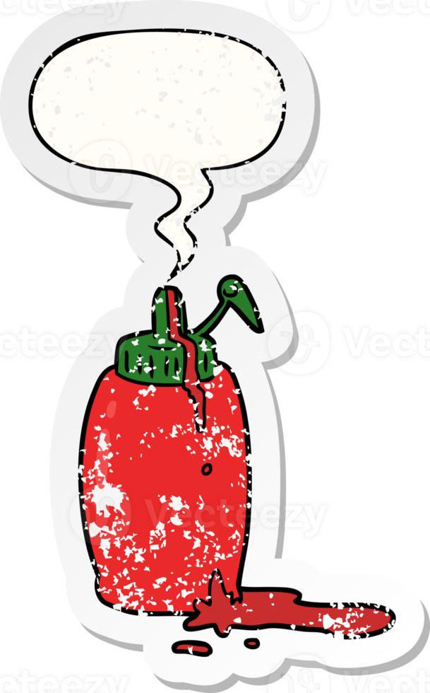 cartoon tomato ketchup bottle with speech bubble distressed distressed old sticker png