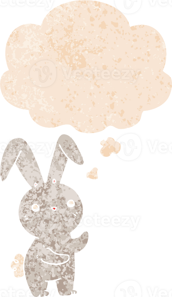 cute cartoon rabbit with thought bubble in grunge distressed retro textured style png