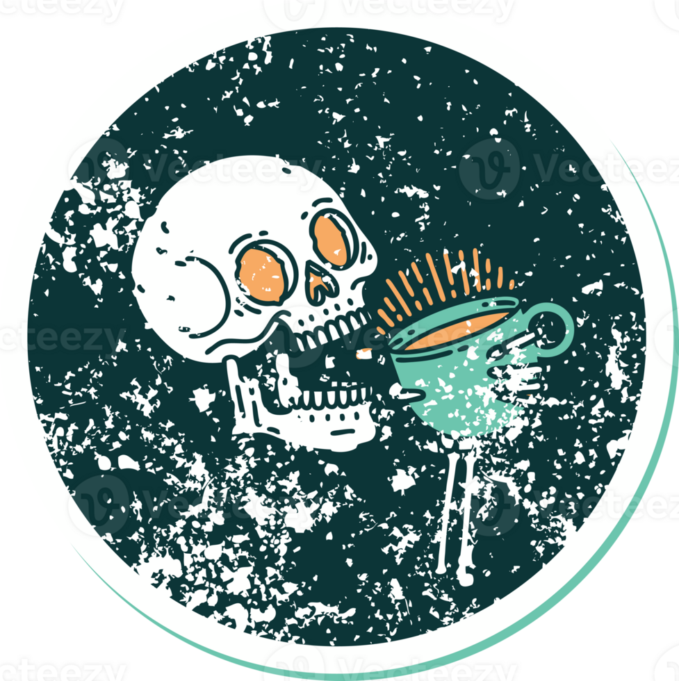 iconic distressed sticker tattoo style image of a skull drinking coffee png