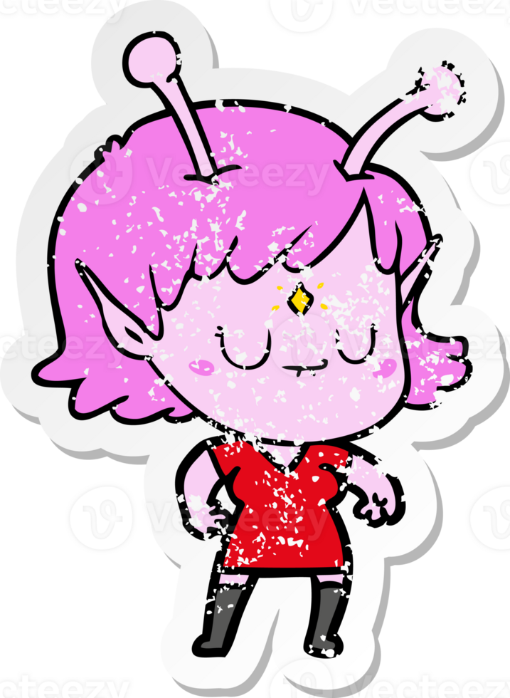 distressed sticker of a cartoon alien girl png
