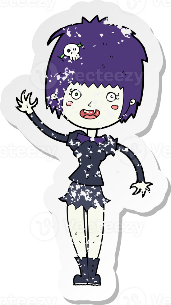 retro distressed sticker of a cartoon waving vampire girl png