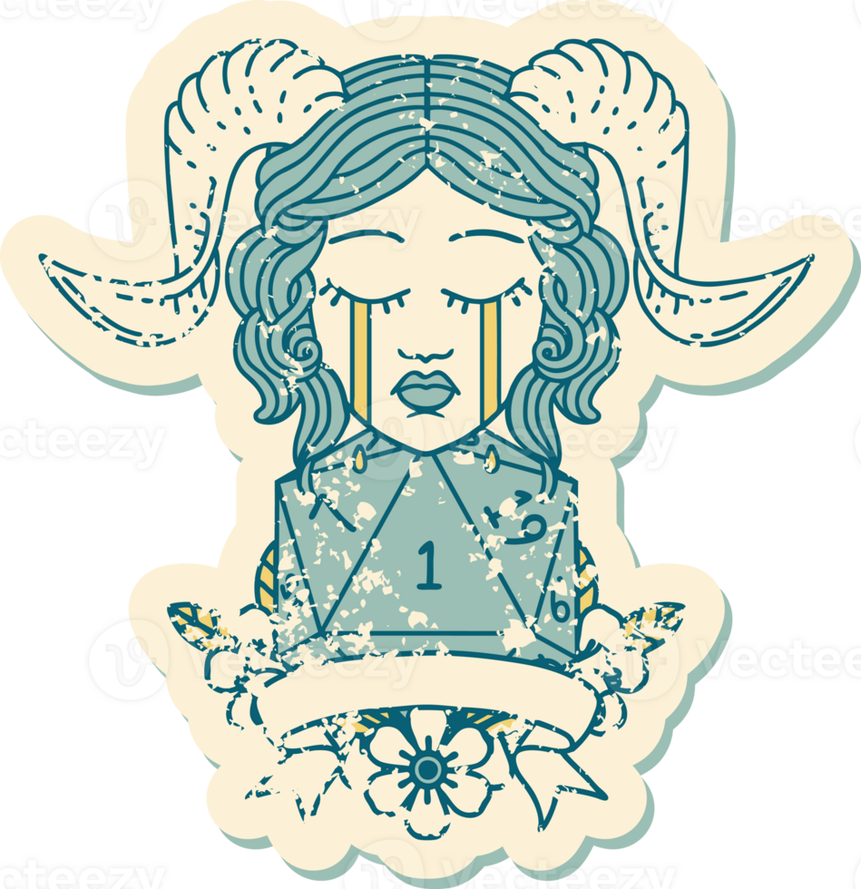 Retro Tattoo Style crying tiefling with natural one D20 dice roll png