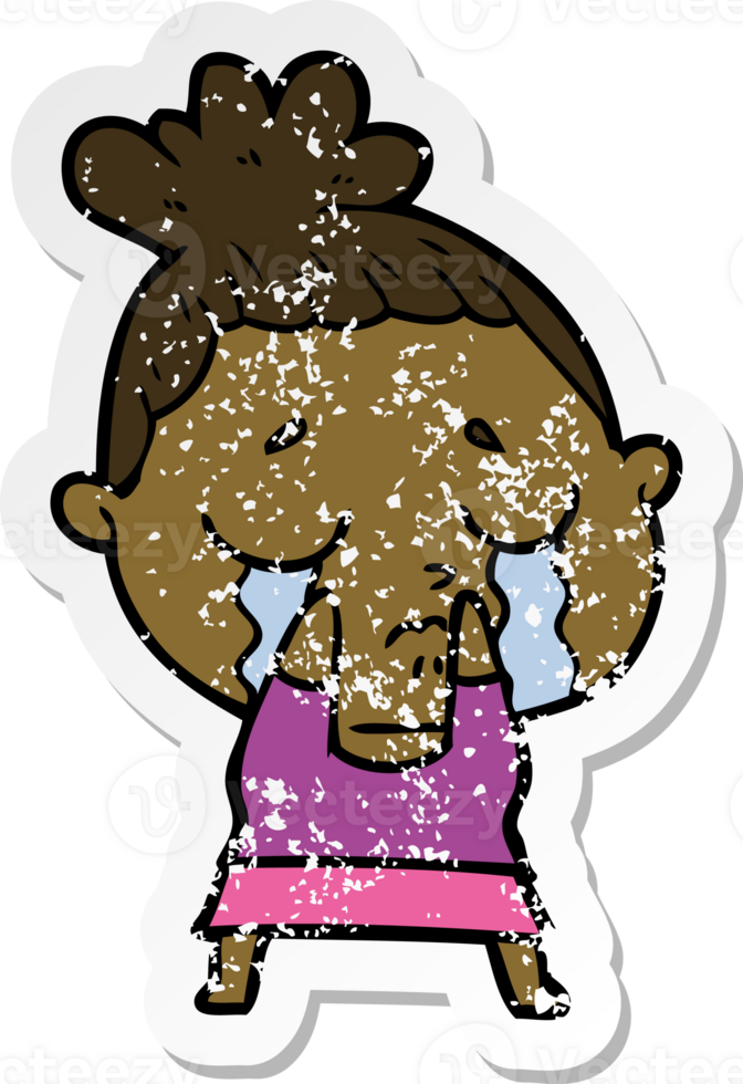 distressed sticker of a cartoon crying woman png