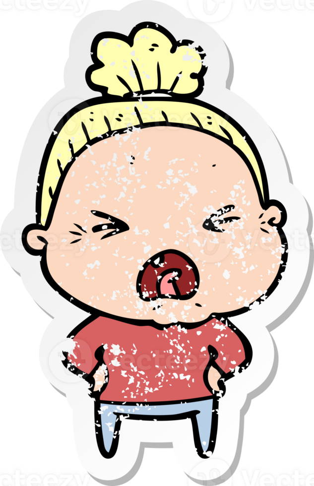 distressed sticker of a cartoon angry old woman png