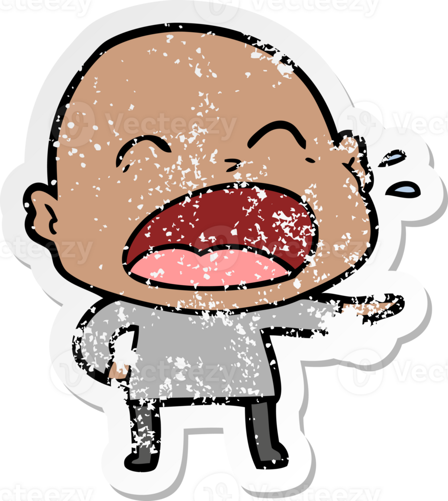 distressed sticker of a cartoon shouting bald man png