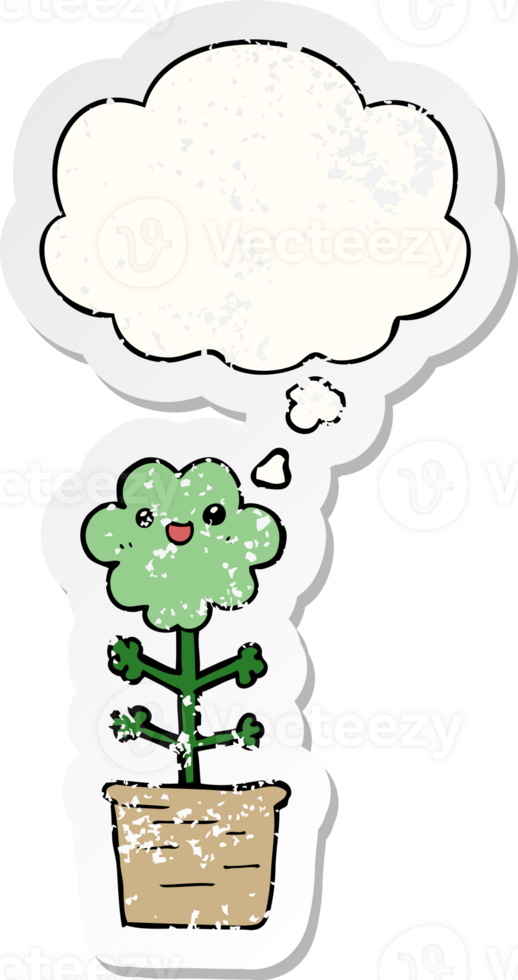 cartoon flower with thought bubble as a distressed worn sticker png