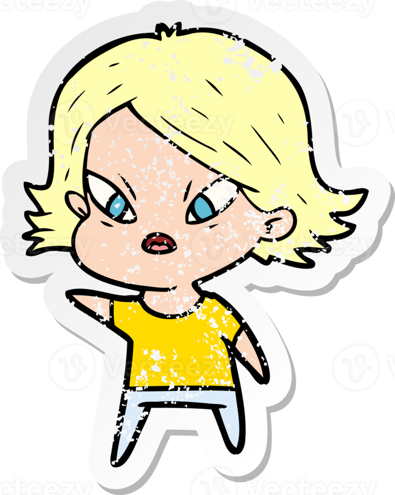 distressed sticker of a cartoon stressed woman png
