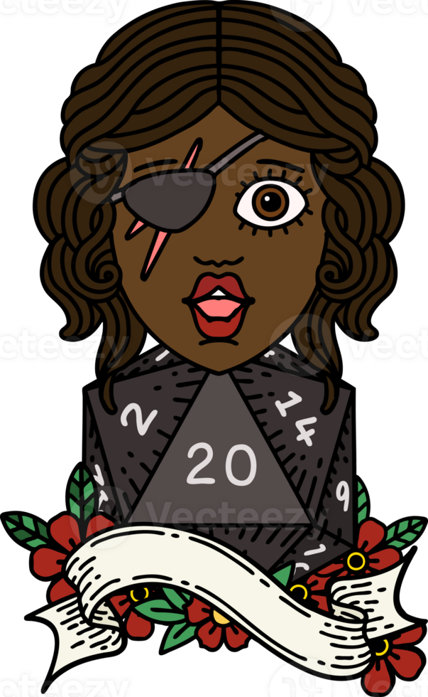 Retro Tattoo Style human rogue with natural twenty dice roll png