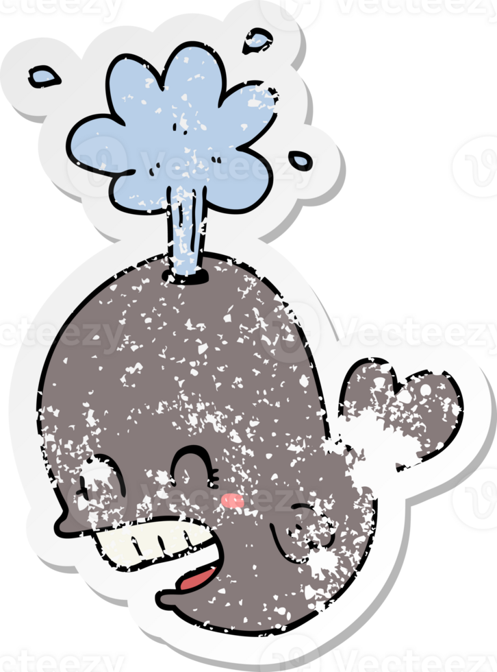 distressed sticker of a cartoon spouting whale png