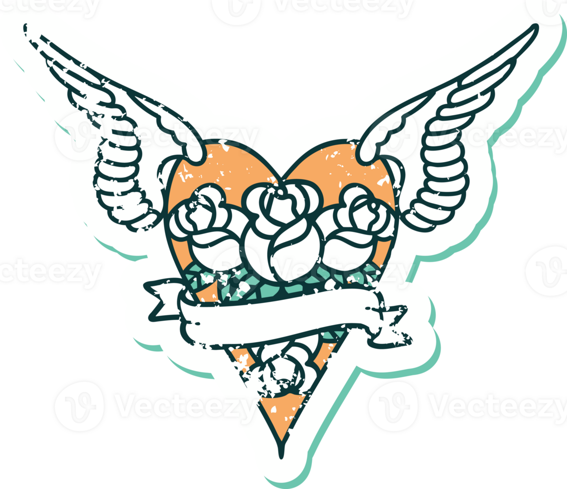 iconic distressed sticker tattoo style image of a flying heart with flowers and banner png