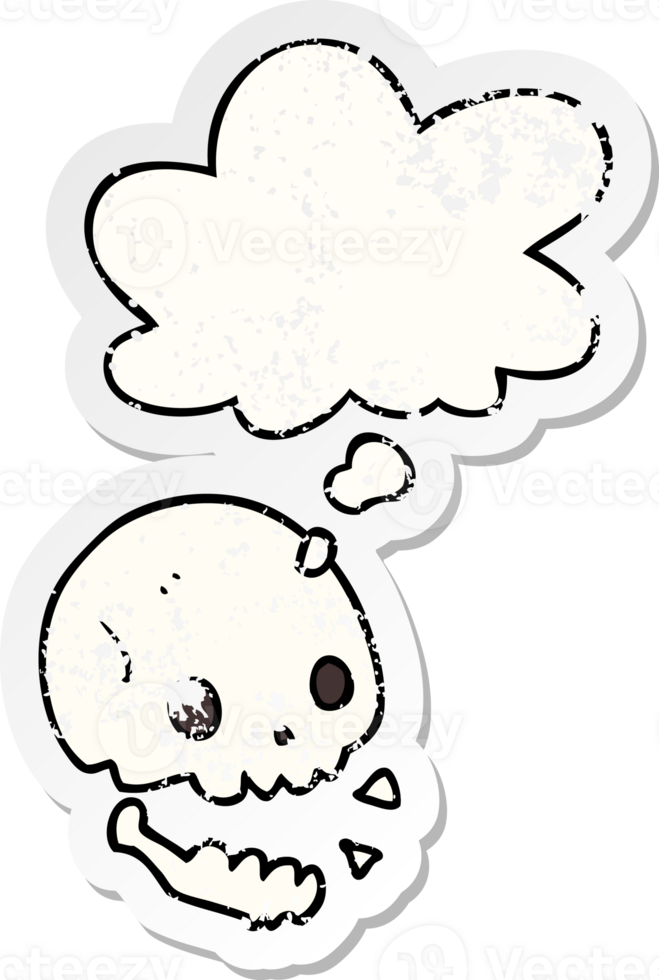 cartoon spooky skull with thought bubble as a distressed worn sticker png