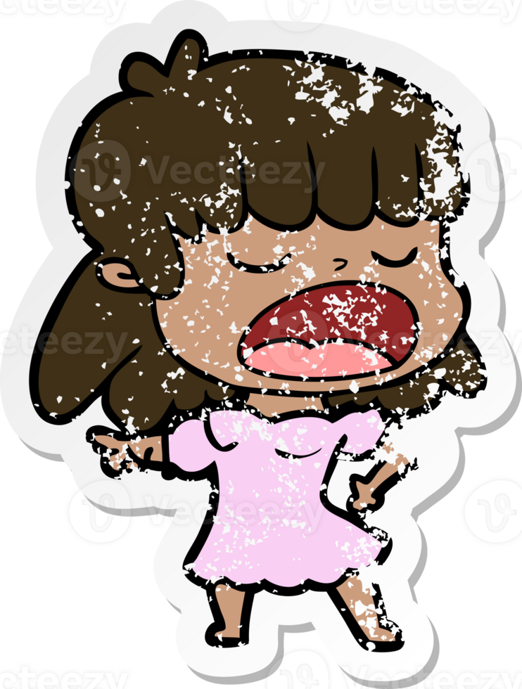 distressed sticker of a cartoon woman talking loudly png