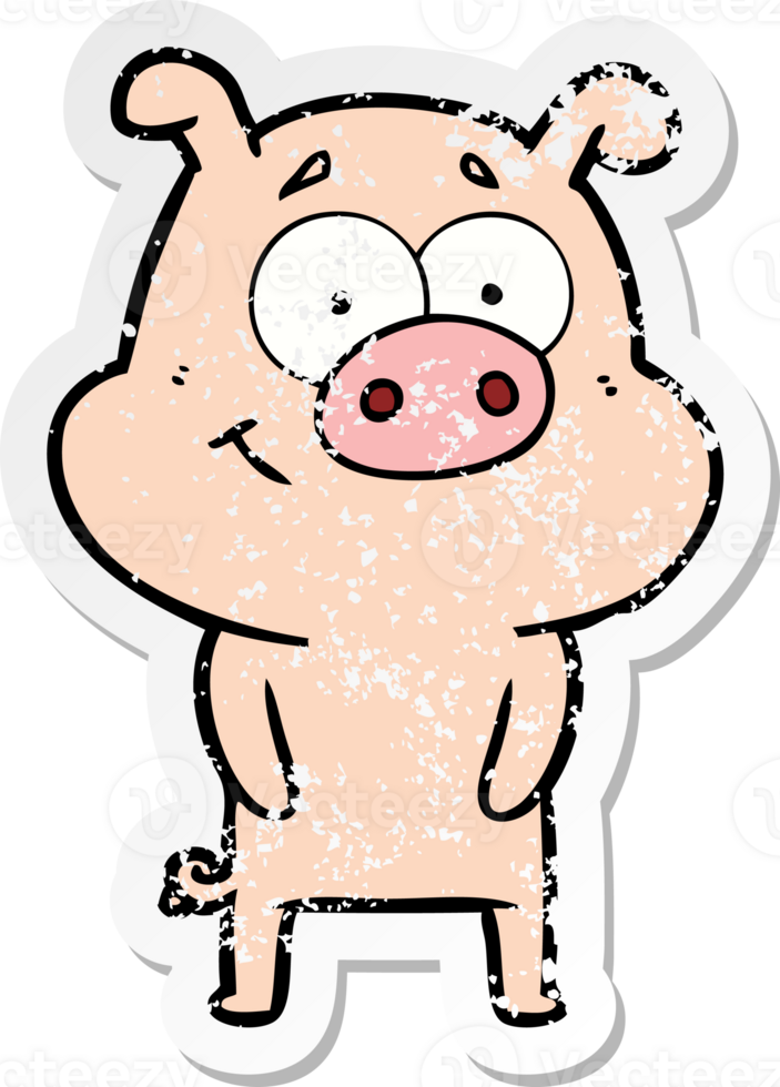 distressed sticker of a happy cartoon pig png