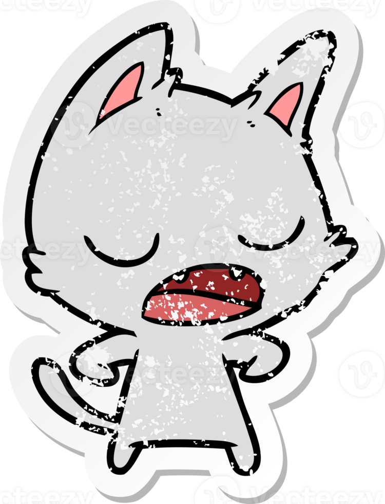 distressed sticker of a talking cat cartoon png