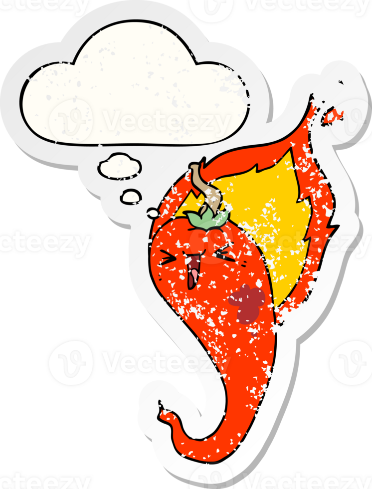 cartoon flaming hot chili pepper with thought bubble as a distressed worn sticker png