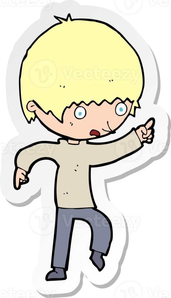 sticker of a cartoon worried boy pointing png