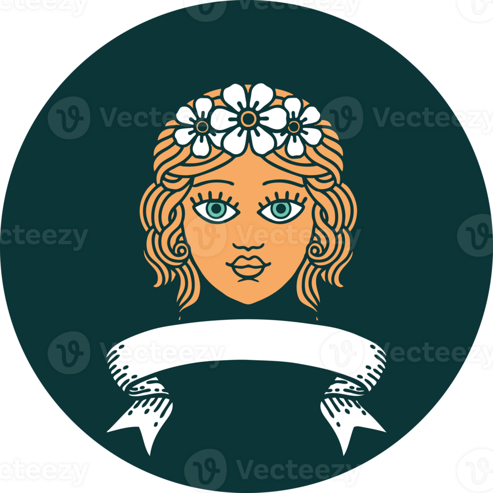 tattoo style icon with banner of a maiden with crown of flowers png