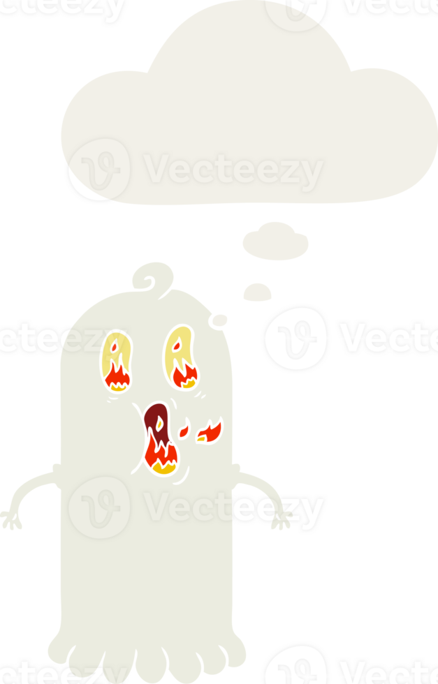 cartoon ghost with flaming eyes with thought bubble in retro style png