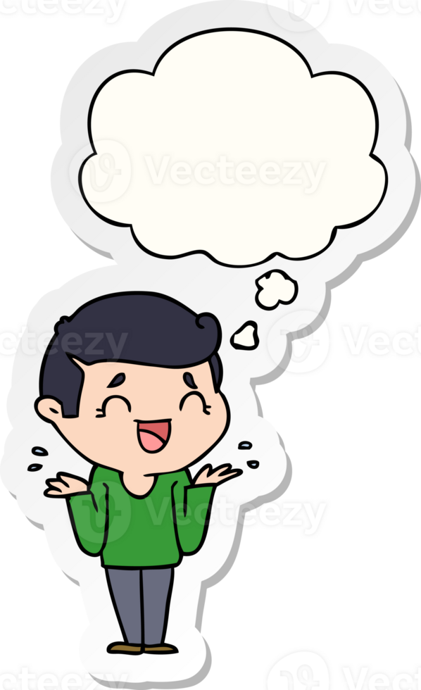 cartoon laughing confused man with thought bubble as a printed sticker png