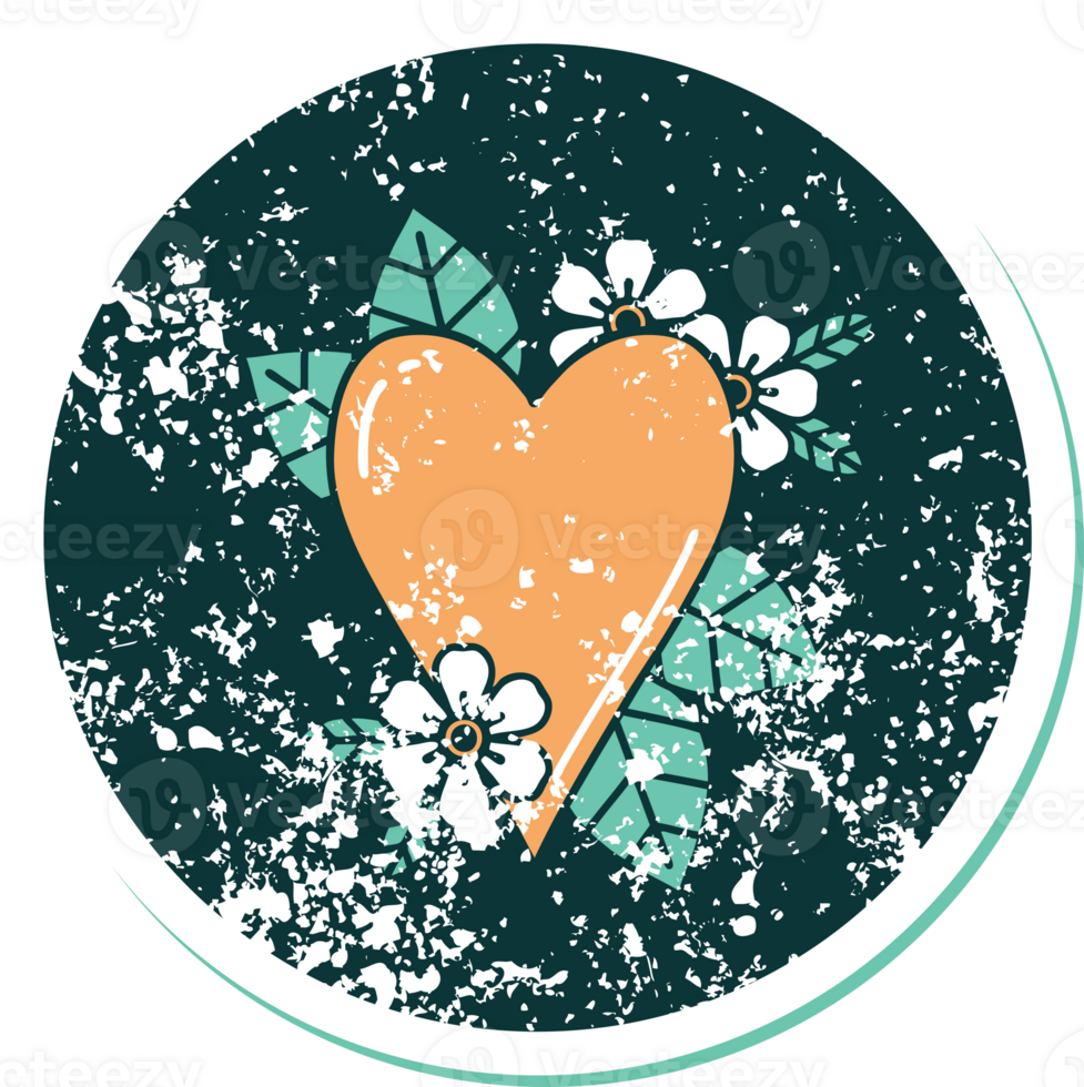 iconic distressed sticker tattoo style image of a botanical heart png