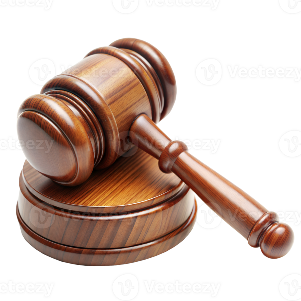 A detailed view of a wooden gavel placed on a sound block, symbolizing justice and law in a courtroom setting png