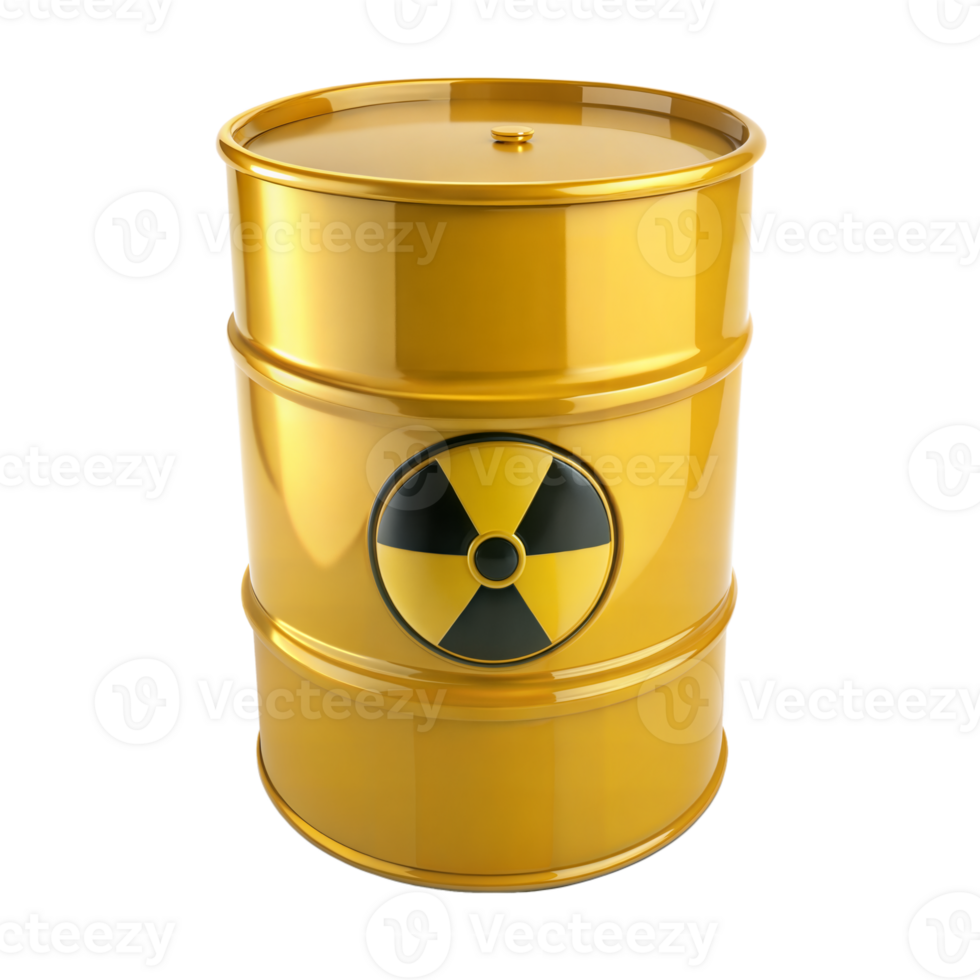 Yellow hazardous waste barrel with radioactive symbol png