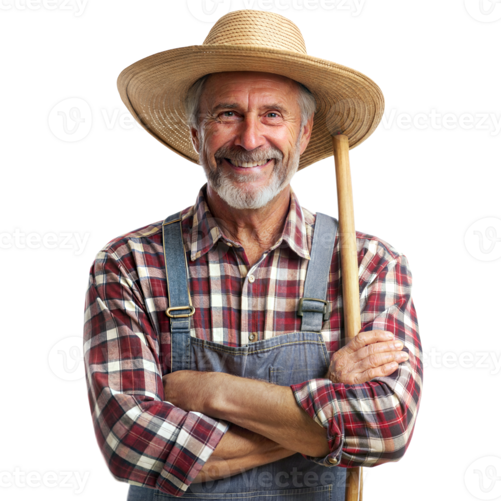 Cheerful elderly man in farmer attire poses with a shovel against a transparent background png