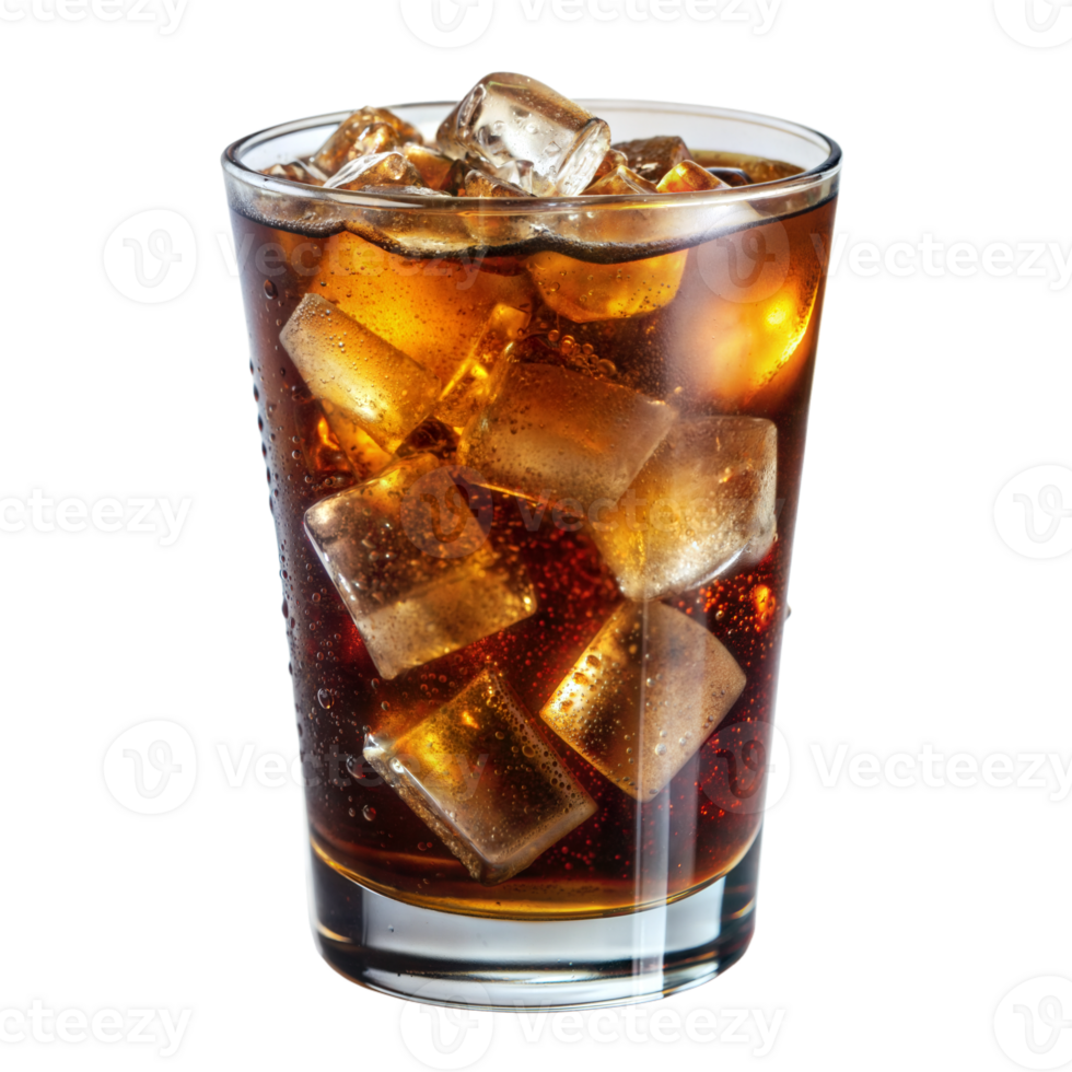 Close-up of a refreshing glass of cola with ice cubes png