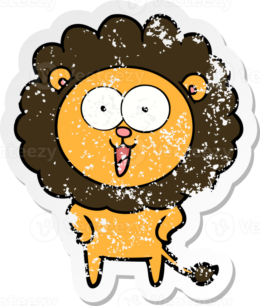 distressed sticker of a happy cartoon lion png