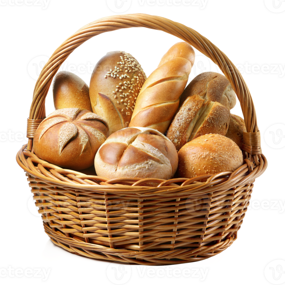 Assorted fresh bread in a wicker basket png